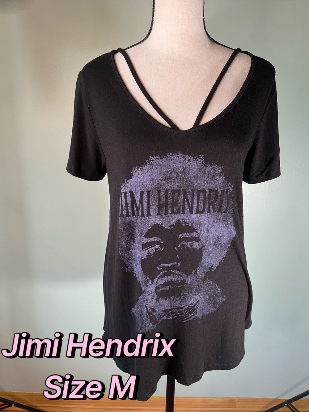 Black & Purple Jimi Hendrix V-Neck Tee with Strap Detail Size M